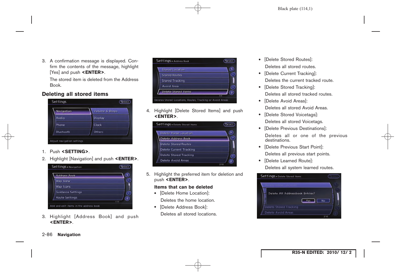 Deleting all stored items | NISSAN 2012 GT R - Multi Function Display Owner's Manual User Manual | Page 114 / 307