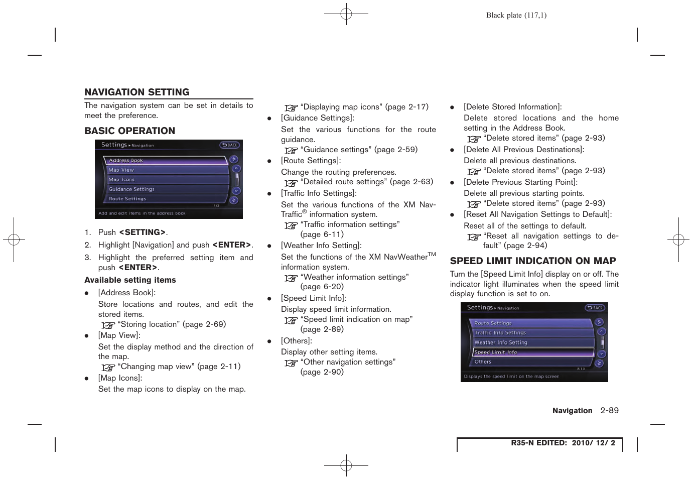 Navigation setting, Basic operation, Speed limit indication on map | Navigation setting -89 | NISSAN 2012 GT R - Multi Function Display Owner's Manual User Manual | Page 117 / 307