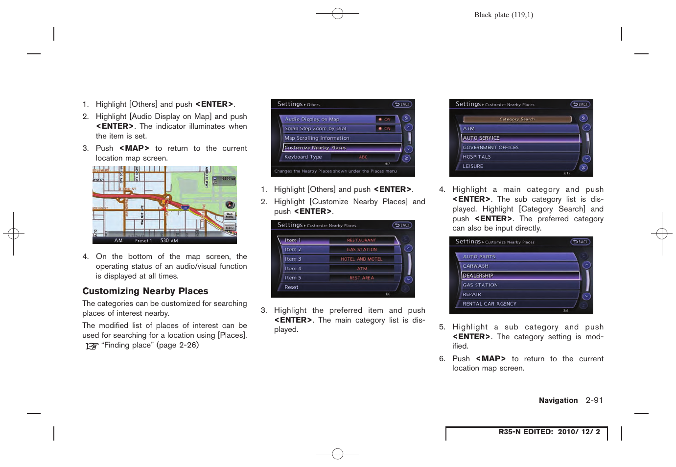 Customizing nearby places | NISSAN 2012 GT R - Multi Function Display Owner's Manual User Manual | Page 119 / 307