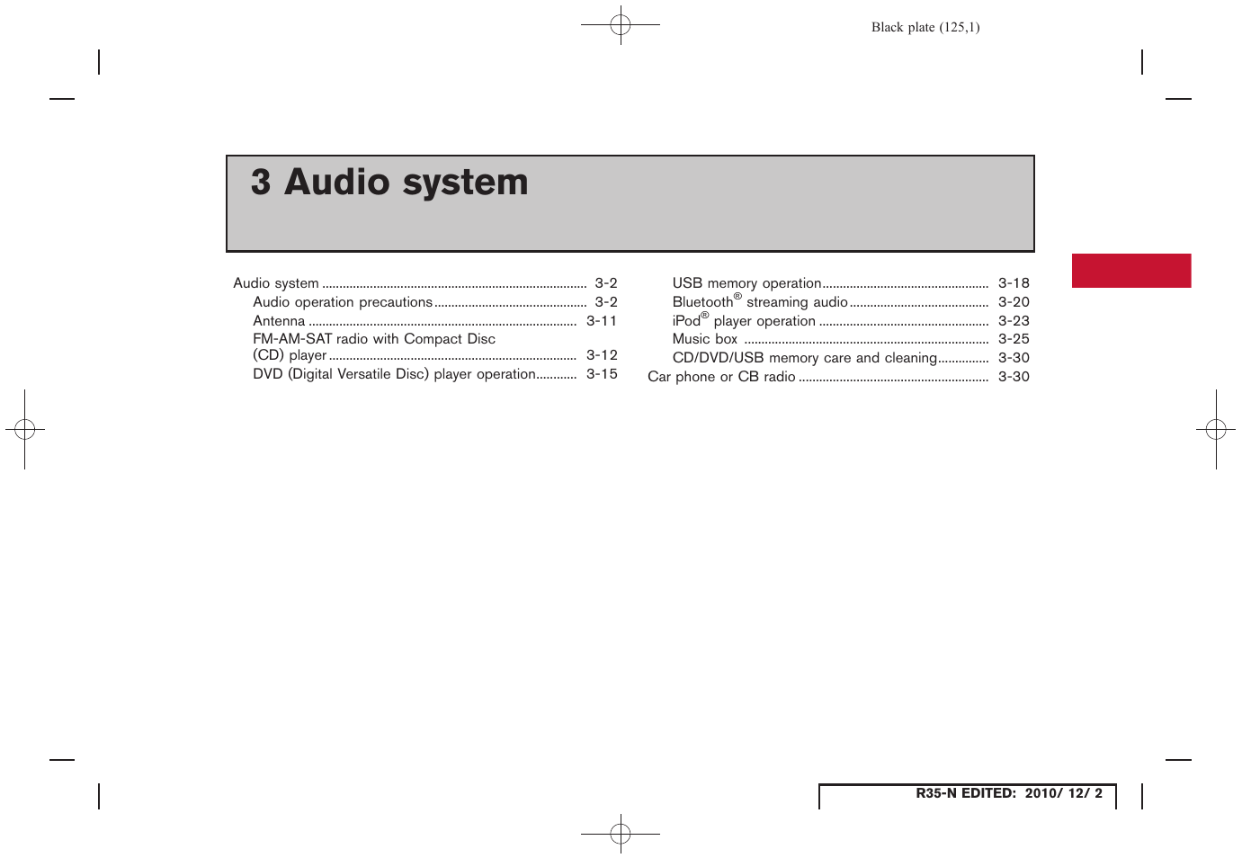 Audio system, 3 audio system | NISSAN 2012 GT R - Multi Function Display Owner's Manual User Manual | Page 125 / 307