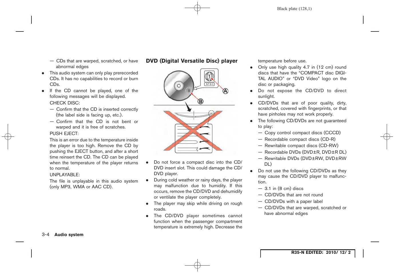 Dvd (digital versatile disc) player | NISSAN 2012 GT R - Multi Function Display Owner's Manual User Manual | Page 128 / 307