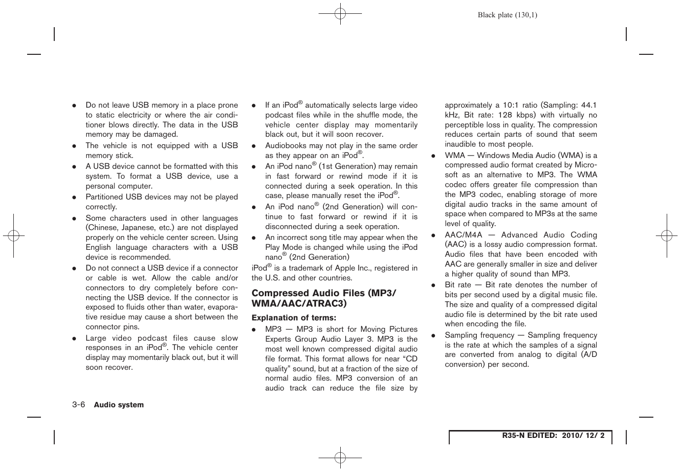 Compressed audio files (mp3/wma/aac/atrac3) | NISSAN 2012 GT R - Multi Function Display Owner's Manual User Manual | Page 130 / 307