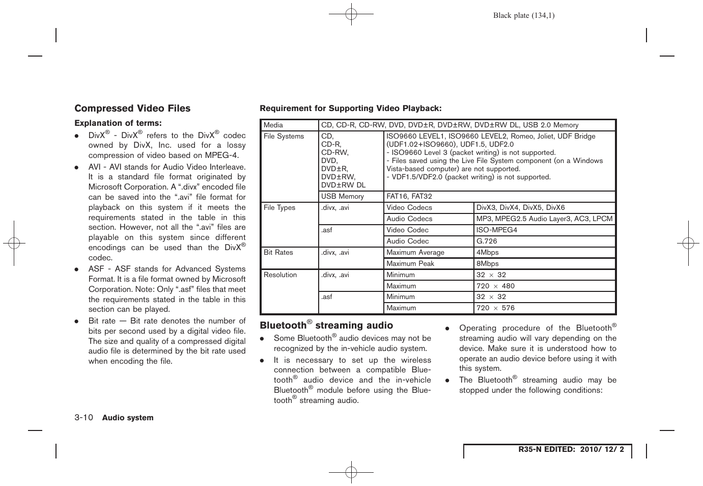 Compressed video files, Bluetooth® streaming audio | NISSAN 2012 GT R - Multi Function Display Owner's Manual User Manual | Page 134 / 307
