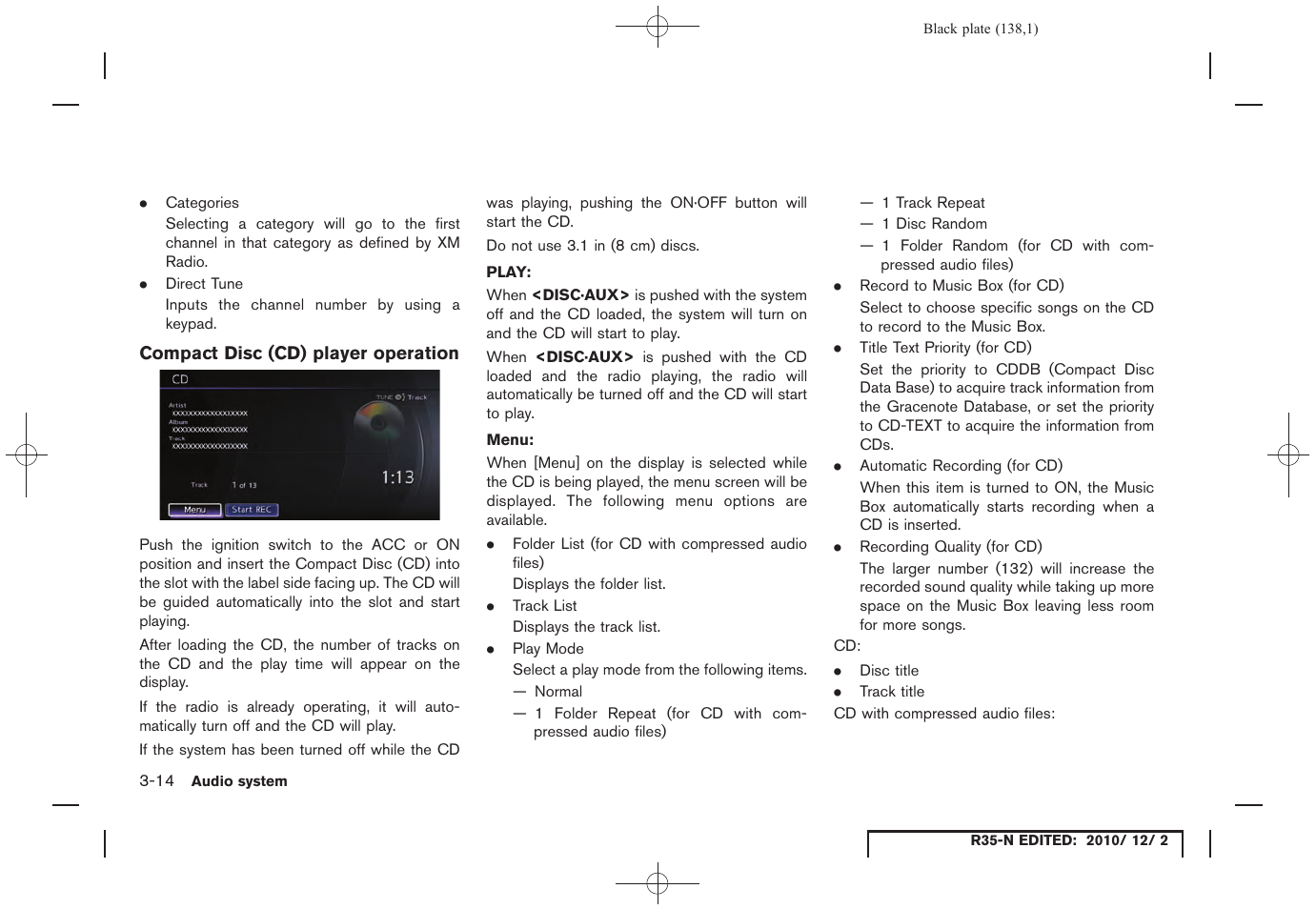 Compact disc (cd) player operation | NISSAN 2012 GT R - Multi Function Display Owner's Manual User Manual | Page 138 / 307