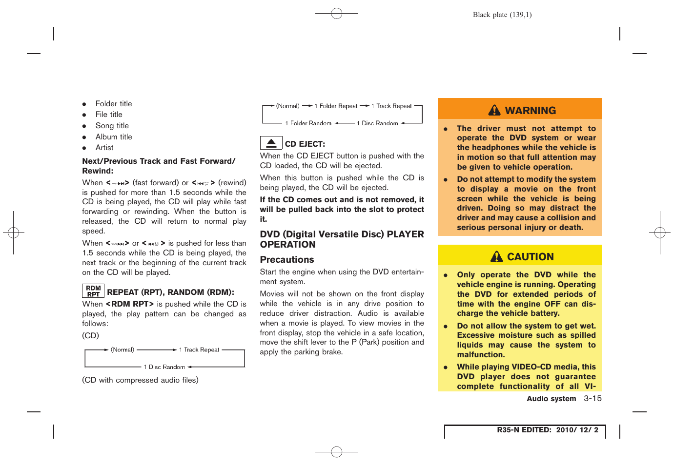 Dvd (digital versatile disc) player operation, Precautions, Dvd (digital versatile disc) player operation -15 | NISSAN 2012 GT R - Multi Function Display Owner's Manual User Manual | Page 139 / 307