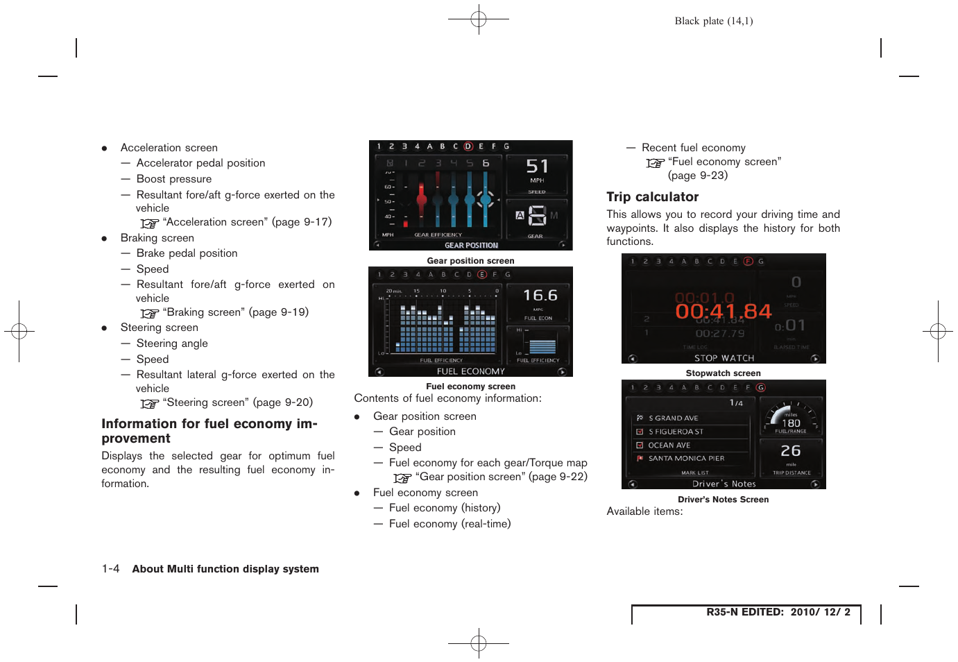 Information for fuel economy improvement, Trip calculator | NISSAN 2012 GT R - Multi Function Display Owner's Manual User Manual | Page 14 / 307