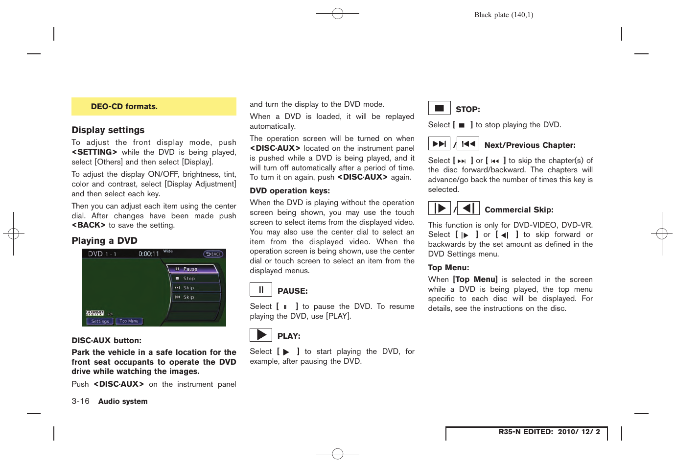 Display settings, Playing a dvd | NISSAN 2012 GT R - Multi Function Display Owner's Manual User Manual | Page 140 / 307