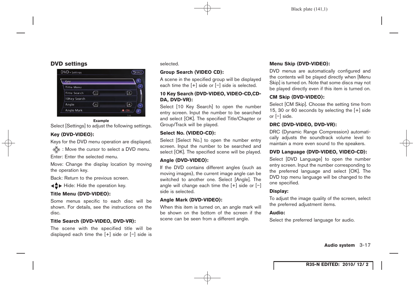 Dvd settings | NISSAN 2012 GT R - Multi Function Display Owner's Manual User Manual | Page 141 / 307