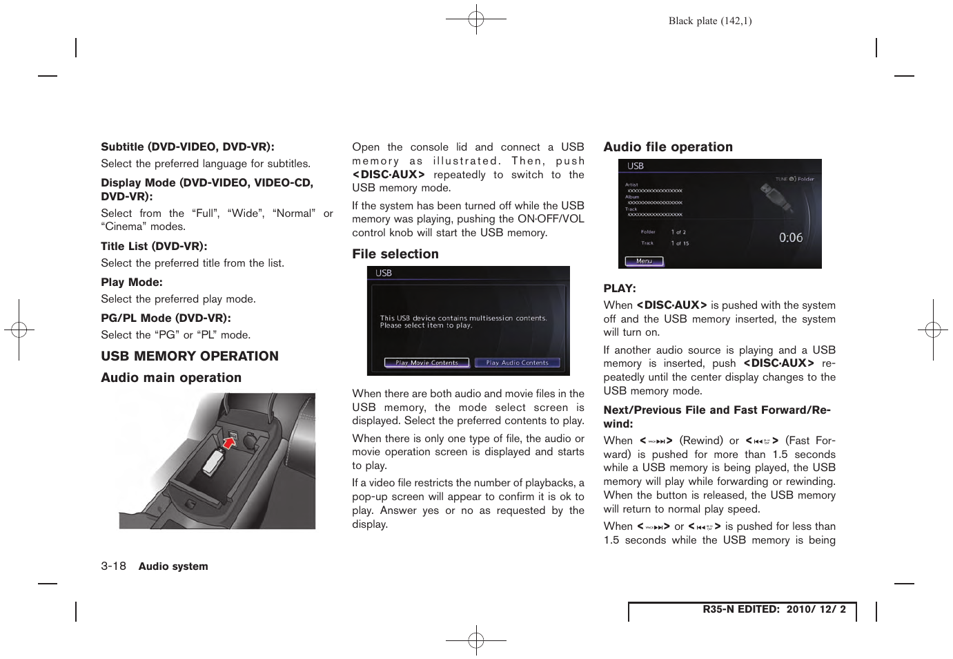 Usb memory operation, Audio main operation, File selection | Audio file operation, Usb memory operation -18 | NISSAN 2012 GT R - Multi Function Display Owner's Manual User Manual | Page 142 / 307