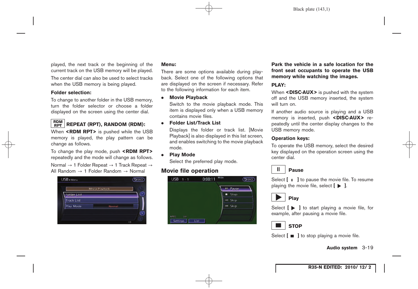 Movie file operation | NISSAN 2012 GT R - Multi Function Display Owner's Manual User Manual | Page 143 / 307