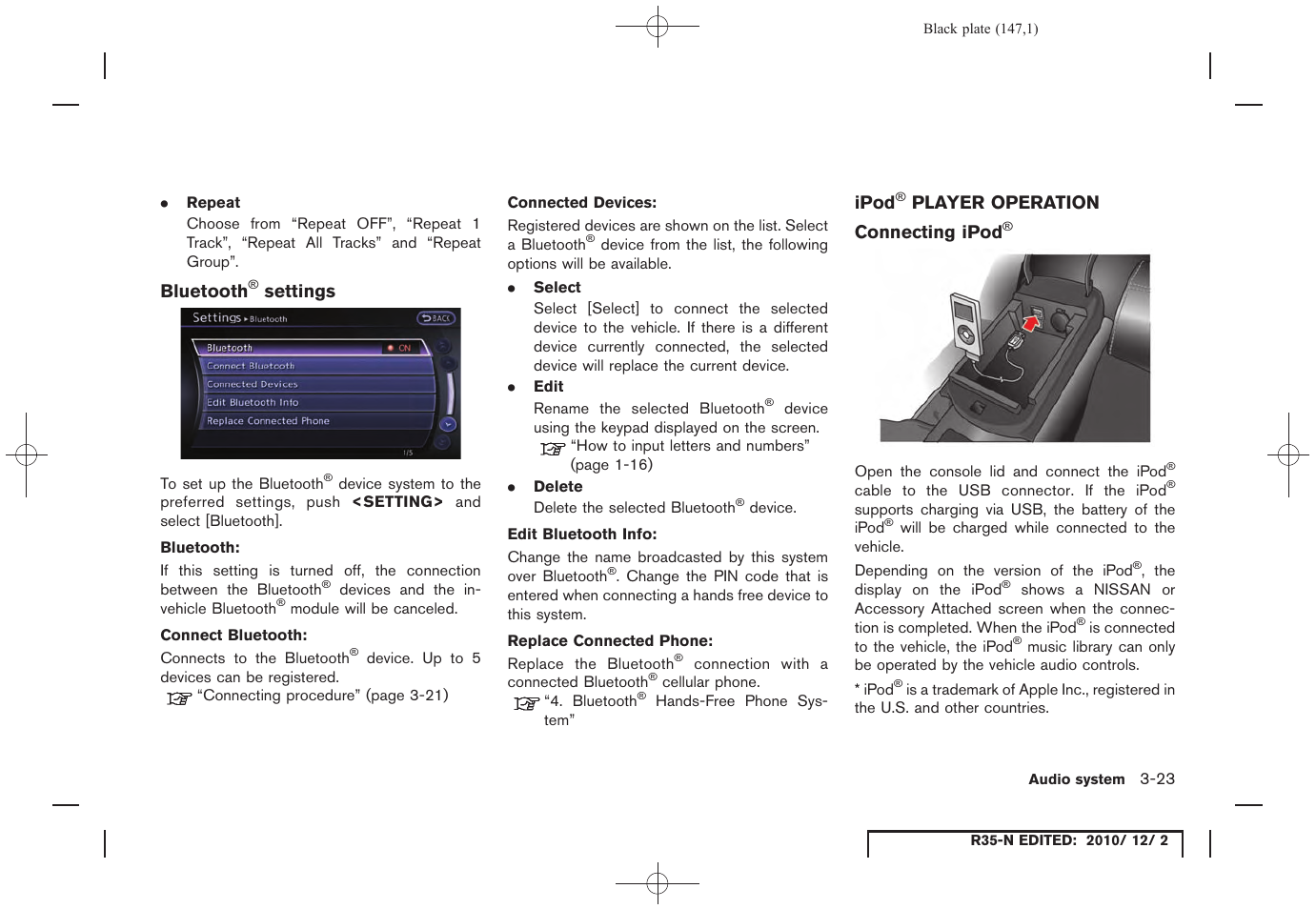Bluetooth® settings, Ipod® player operation, Connecting ipod® | Ipod, Player operation -23 | NISSAN 2012 GT R - Multi Function Display Owner's Manual User Manual | Page 147 / 307