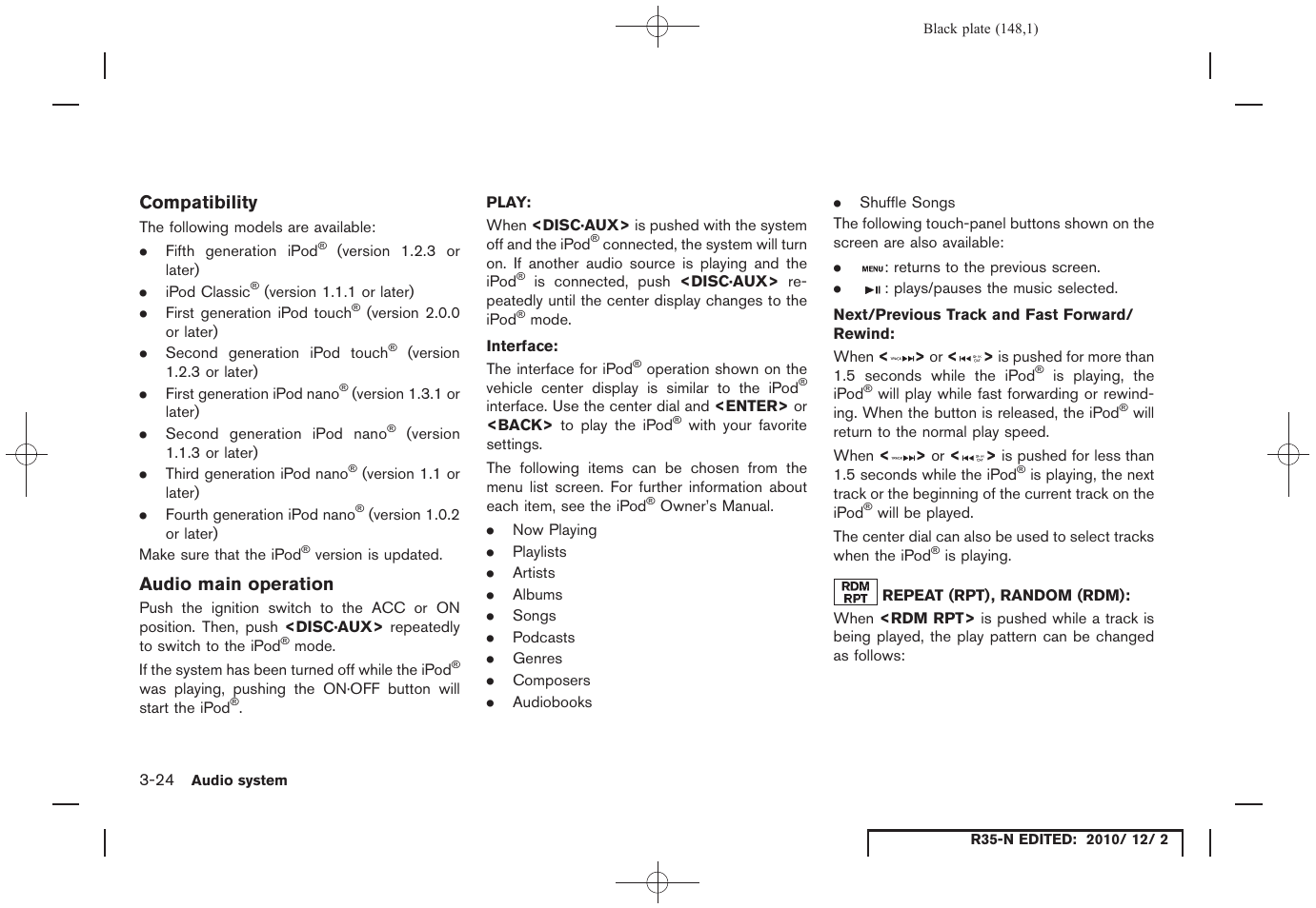 Compatibility, Audio main operation | NISSAN 2012 GT R - Multi Function Display Owner's Manual User Manual | Page 148 / 307
