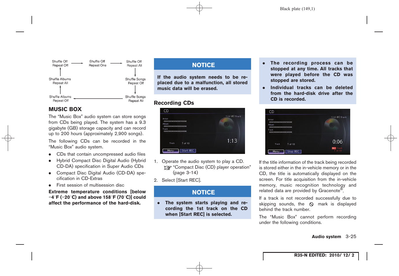Music box, Recording cds, Music box -25 | NISSAN 2012 GT R - Multi Function Display Owner's Manual User Manual | Page 149 / 307