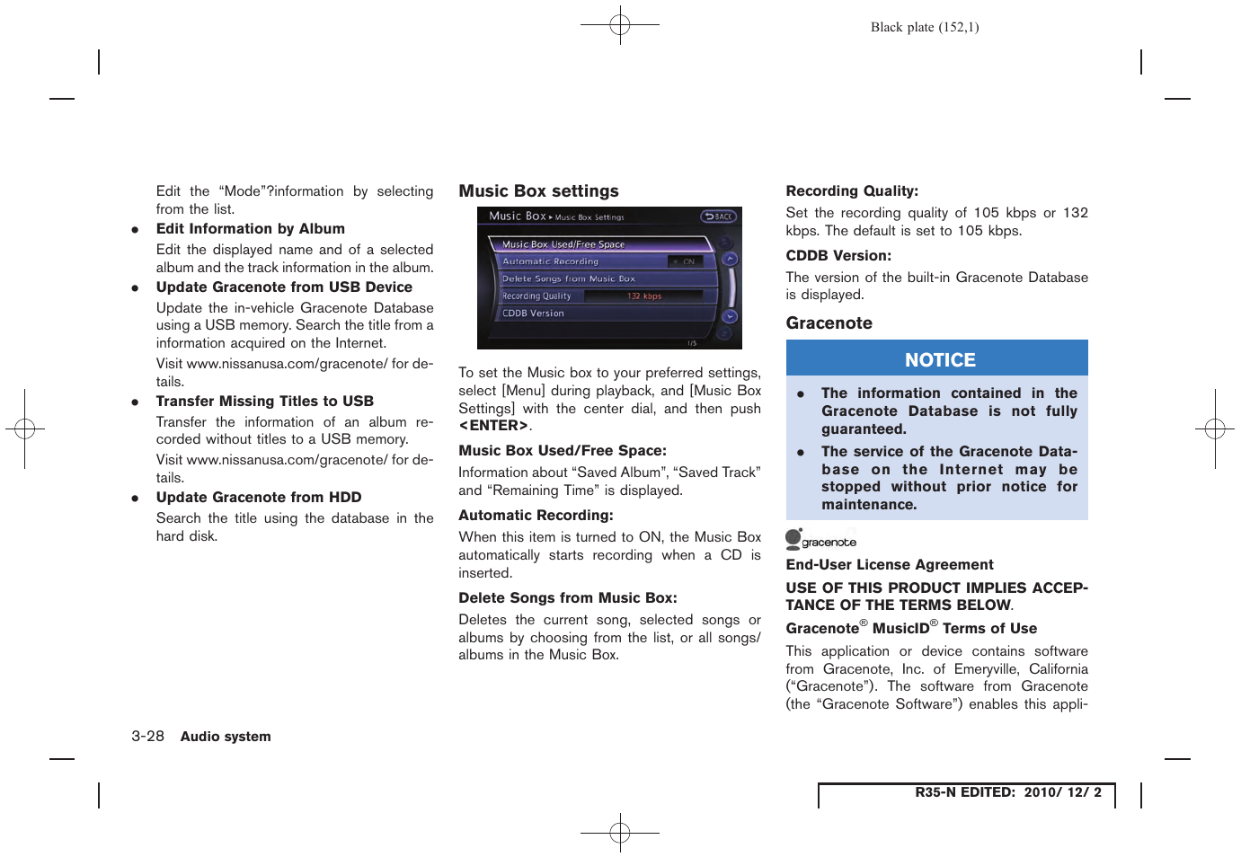 Music box settings, Gracenote | NISSAN 2012 GT R - Multi Function Display Owner's Manual User Manual | Page 152 / 307