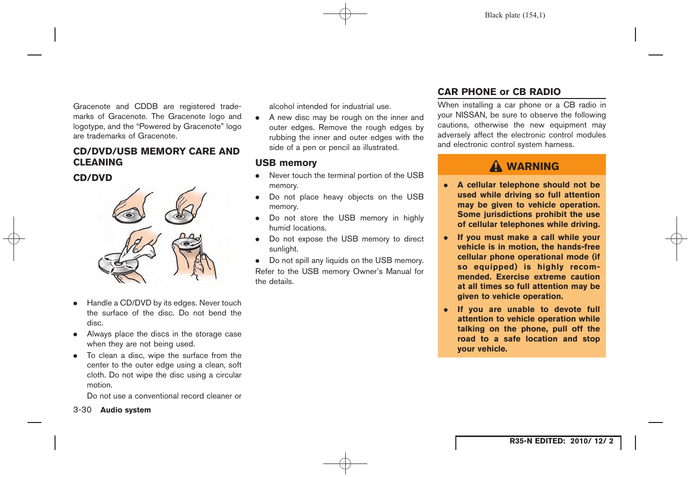 Cd/dvd/usb memory care and cleaning, Cd/dvd, Usb memory | Car phone or cb radio, Cd/dvd/usb memory care and cleaning -30, Car phone or cb radio -30 | NISSAN 2012 GT R - Multi Function Display Owner's Manual User Manual | Page 154 / 307