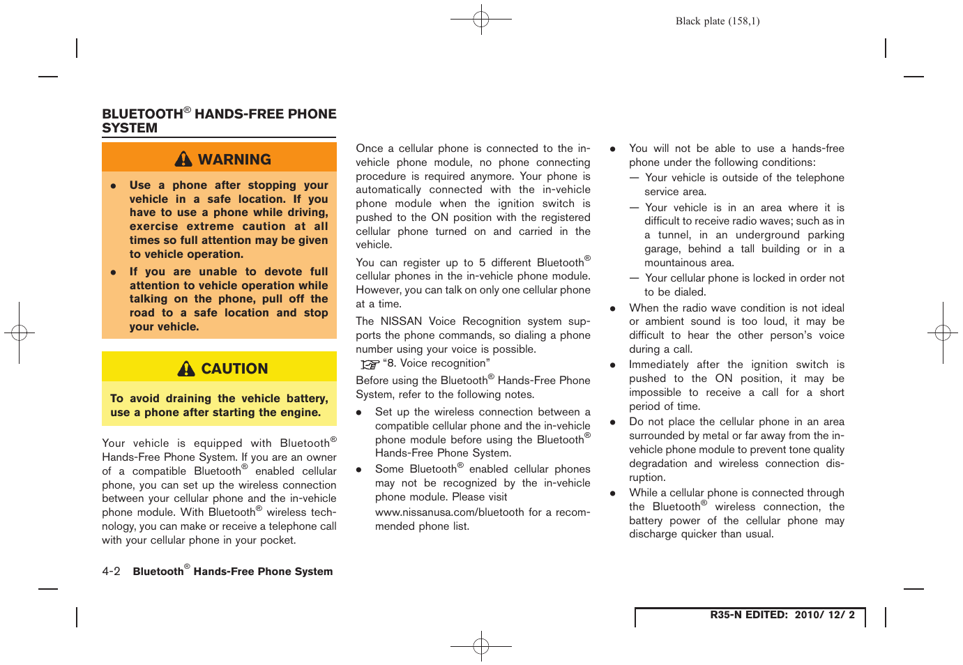 Bluetooth® hands-free phone system, Warning, Caution | NISSAN 2012 GT R - Multi Function Display Owner's Manual User Manual | Page 158 / 307