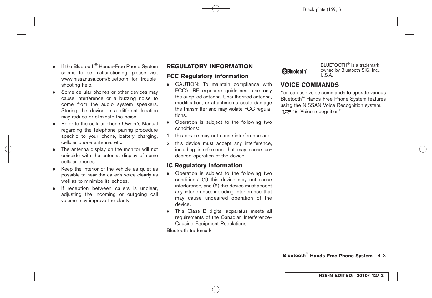 Regulatory information, Fcc regulatory information, Ic regulatory information | Voice commands, Regulatory information -3 voice commands -3 | NISSAN 2012 GT R - Multi Function Display Owner's Manual User Manual | Page 159 / 307