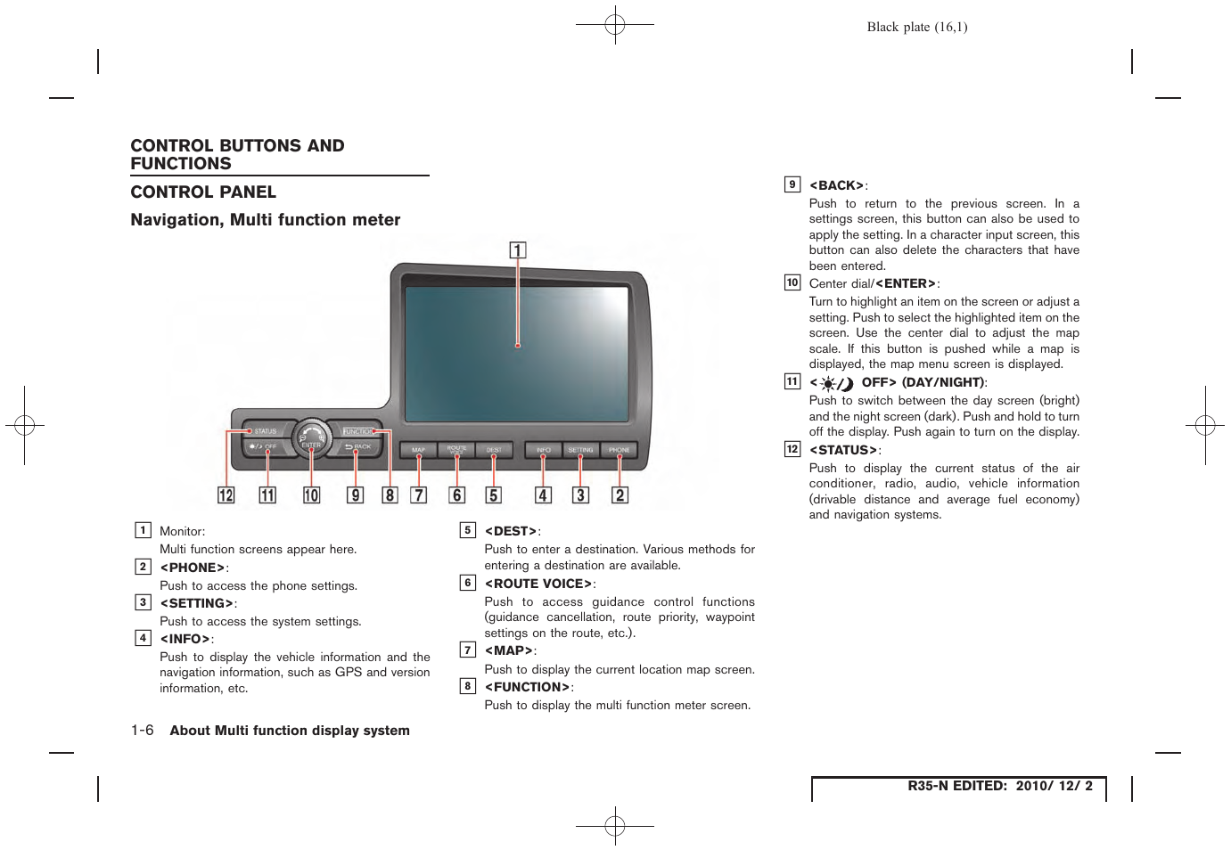 Control buttons and functions, Control panel, Navigation, multi function meter | Control buttons and functions -6, Control panel -6 | NISSAN 2012 GT R - Multi Function Display Owner's Manual User Manual | Page 16 / 307