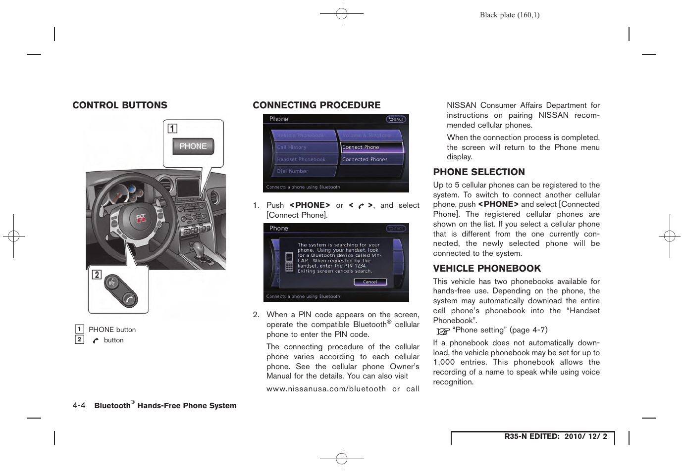 Control buttons, Connecting procedure, Phone selection | Vehicle phonebook, Vehicle phonebook -4 | NISSAN 2012 GT R - Multi Function Display Owner's Manual User Manual | Page 160 / 307