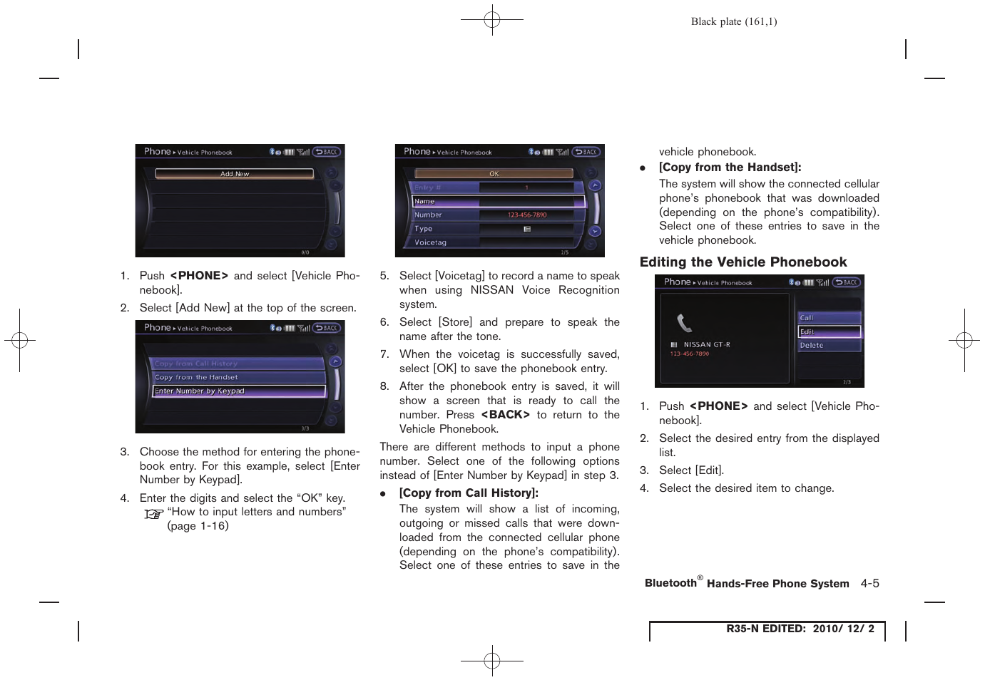 Editing the vehicle phonebook | NISSAN 2012 GT R - Multi Function Display Owner's Manual User Manual | Page 161 / 307