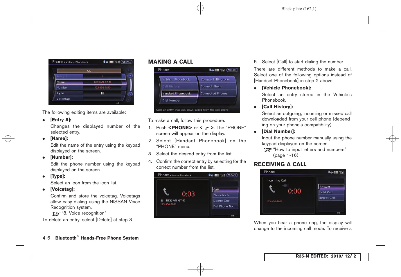 Making a call, Receiving a call | NISSAN 2012 GT R - Multi Function Display Owner's Manual User Manual | Page 162 / 307