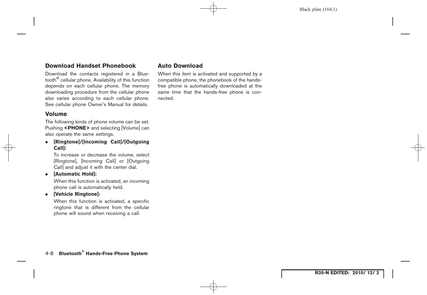 Download handset phonebook, Volume, Auto download | NISSAN 2012 GT R - Multi Function Display Owner's Manual User Manual | Page 164 / 307