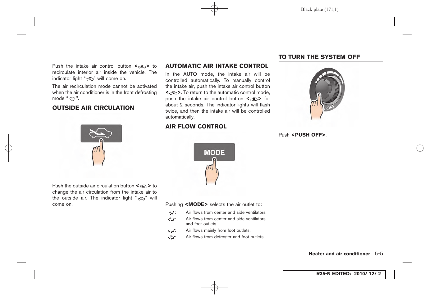 Outside air circulation, Automatic air intake control, Air flow control | To turn the system off, To turn the system off -5 | NISSAN 2012 GT R - Multi Function Display Owner's Manual User Manual | Page 171 / 307