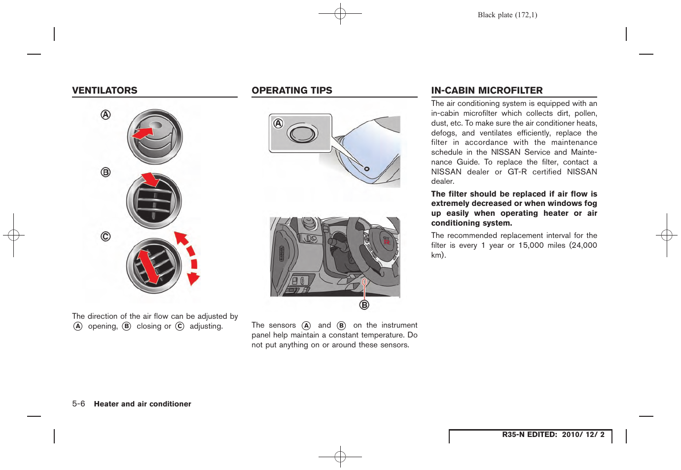 Ventilators, Operating tips, In-cabin microfilter | NISSAN 2012 GT R - Multi Function Display Owner's Manual User Manual | Page 172 / 307