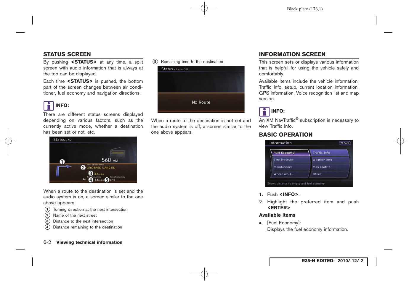 Status screen, Information screen, Basic operation | Status screen -2 information screen -2, Basic operation -2 | NISSAN 2012 GT R - Multi Function Display Owner's Manual User Manual | Page 176 / 307