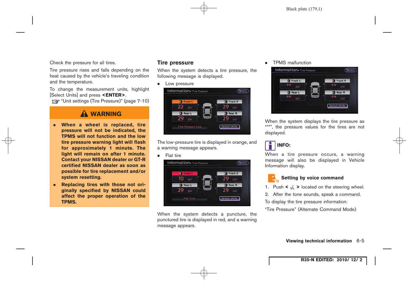 Tire pressure | NISSAN 2012 GT R - Multi Function Display Owner's Manual User Manual | Page 179 / 307