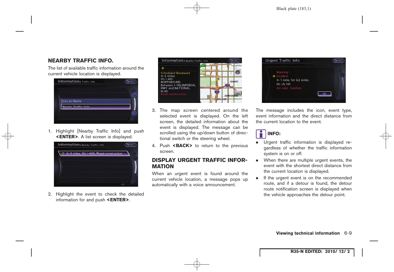 Nearby traffic info, Display urgent traffic information, Nearby traffic info -9 | Display urgent traffic information -9 | NISSAN 2012 GT R - Multi Function Display Owner's Manual User Manual | Page 183 / 307