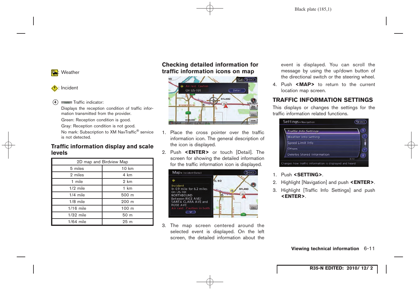 Traffic information display and scale levels, Traffic information settings, Traffic information settings -11 | NISSAN 2012 GT R - Multi Function Display Owner's Manual User Manual | Page 185 / 307