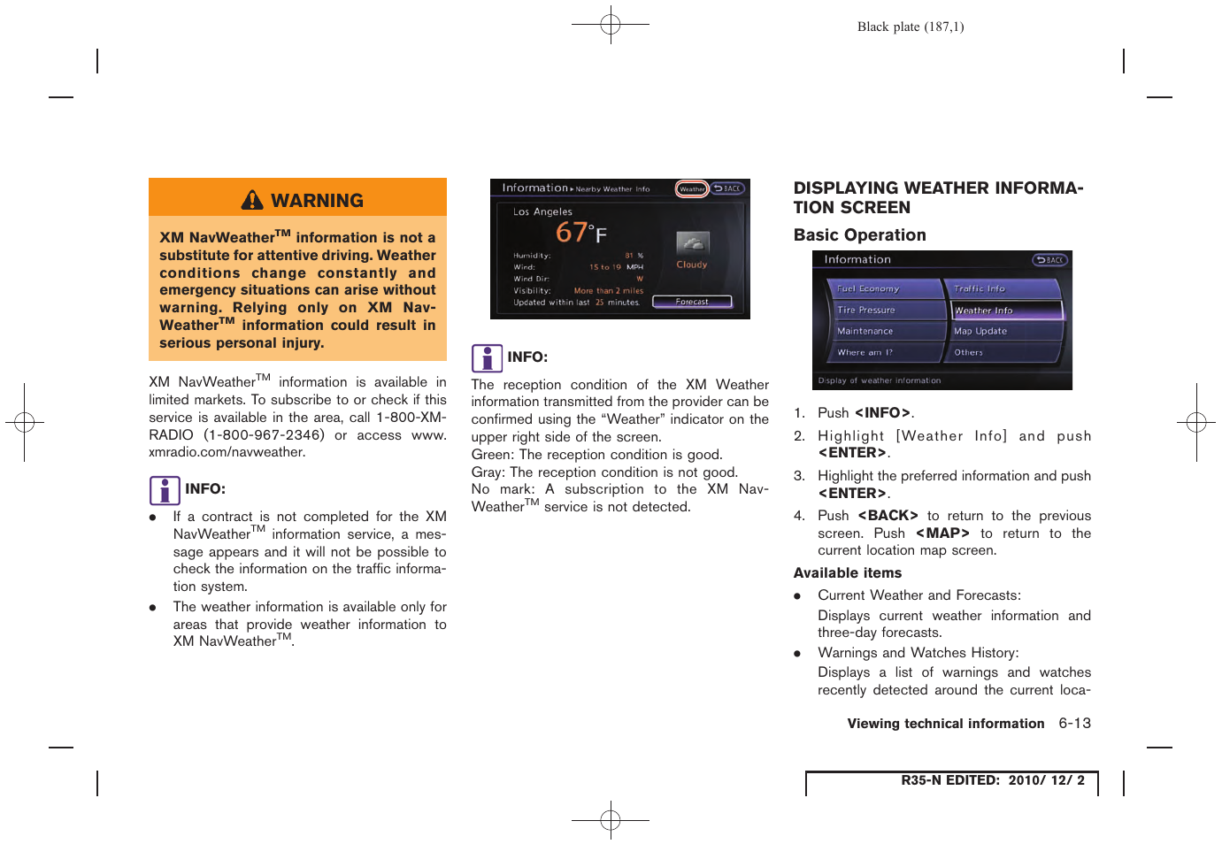 Displaying weather information screen, Basic operation, Displaying weather information screen -13 | NISSAN 2012 GT R - Multi Function Display Owner's Manual User Manual | Page 187 / 307