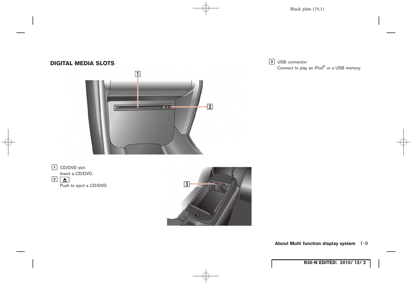 Digital media slots, Digital media slots -9 | NISSAN 2012 GT R - Multi Function Display Owner's Manual User Manual | Page 19 / 307