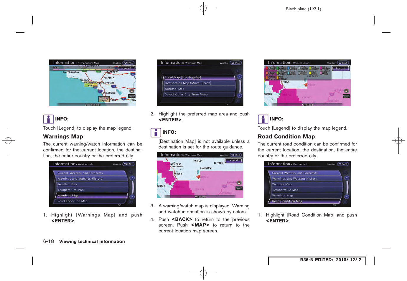 Warnings map, Road condition map | NISSAN 2012 GT R - Multi Function Display Owner's Manual User Manual | Page 192 / 307