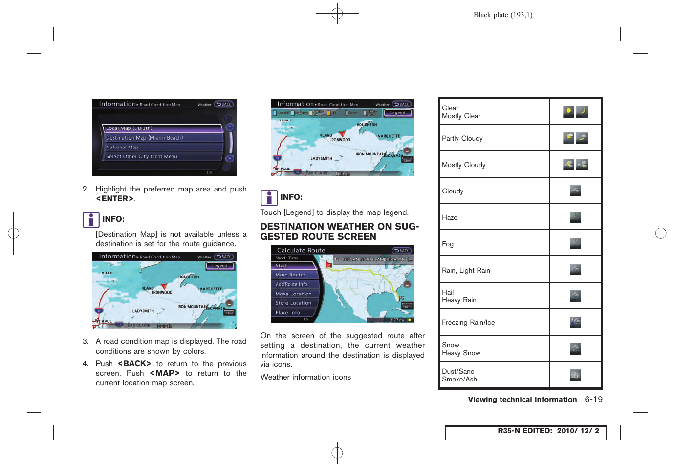 Destination weather on suggested route screen, Destination weather on suggested route screen -19 | NISSAN 2012 GT R - Multi Function Display Owner's Manual User Manual | Page 193 / 307