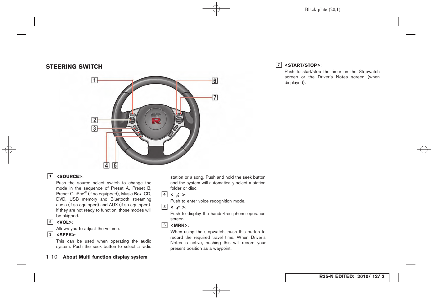 Steering switch, Steering switch -10 | NISSAN 2012 GT R - Multi Function Display Owner's Manual User Manual | Page 20 / 307