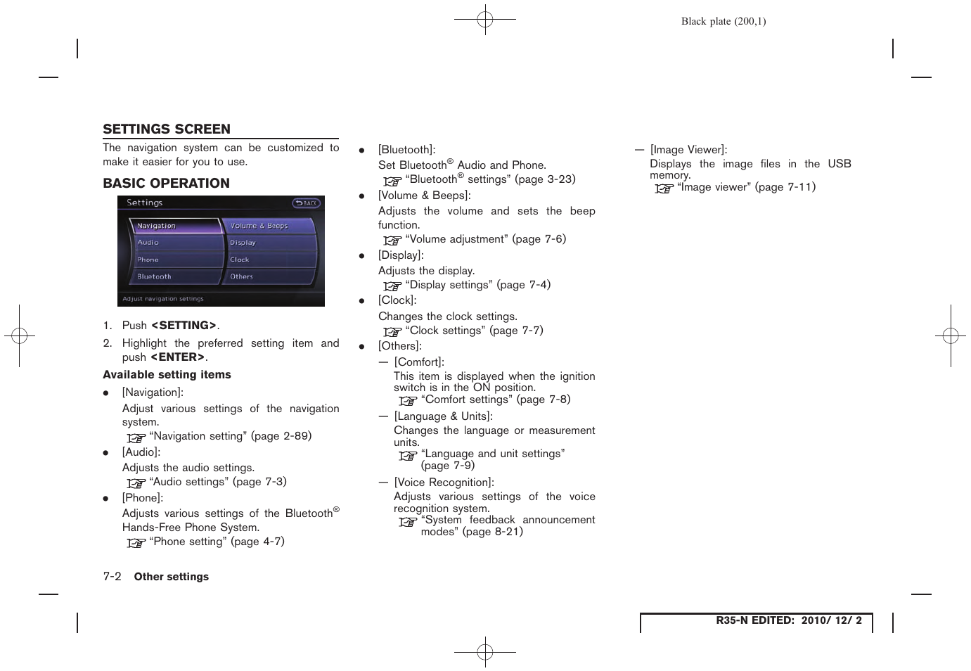 Settings screen, Basic operation, Settings screen -2 | Basic operation -2 | NISSAN 2012 GT R - Multi Function Display Owner's Manual User Manual | Page 200 / 307