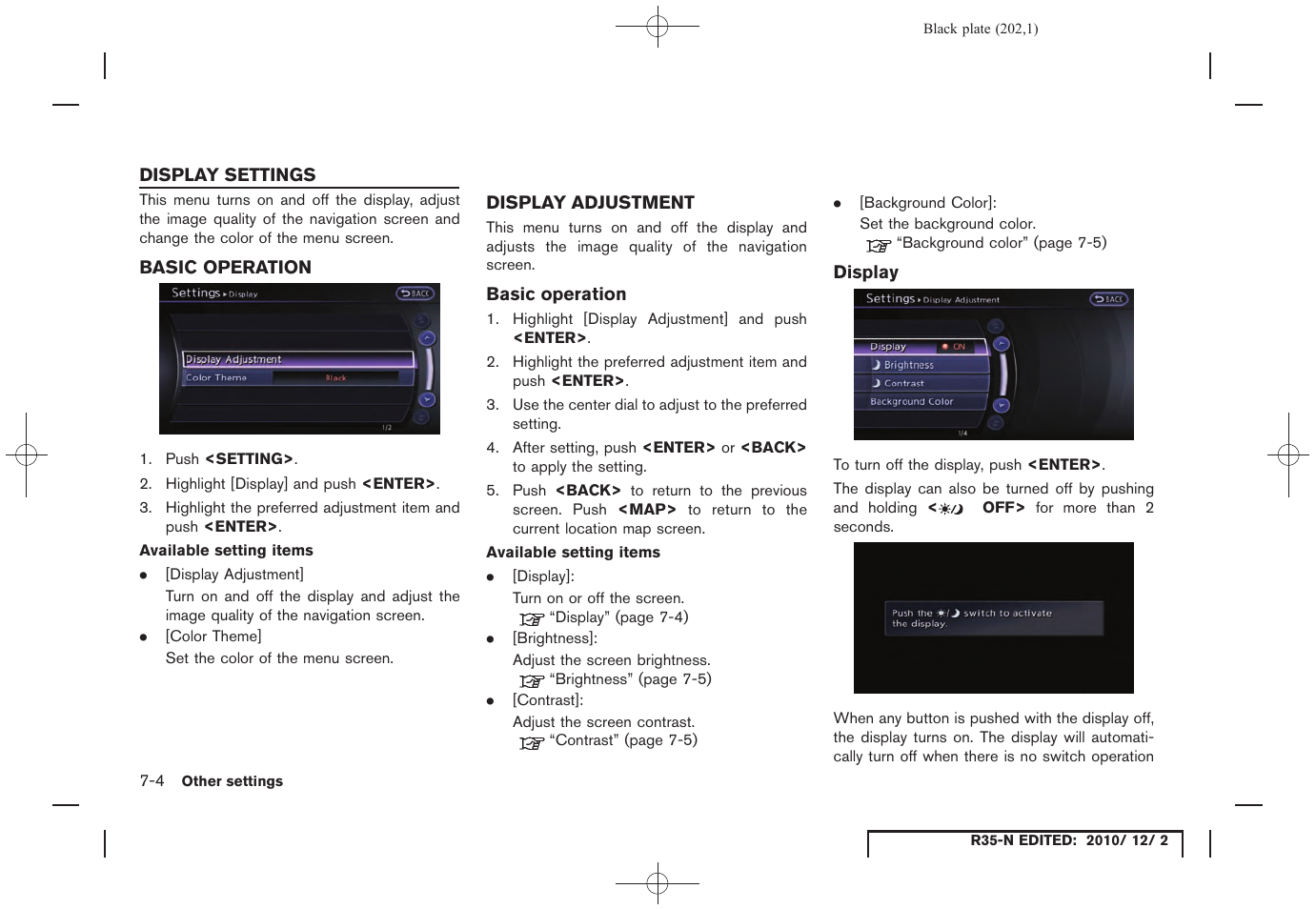 Display settings, Basic operation, Display adjustment | Display, Display settings -4, Basic operation -4 display adjustment -4 | NISSAN 2012 GT R - Multi Function Display Owner's Manual User Manual | Page 202 / 307