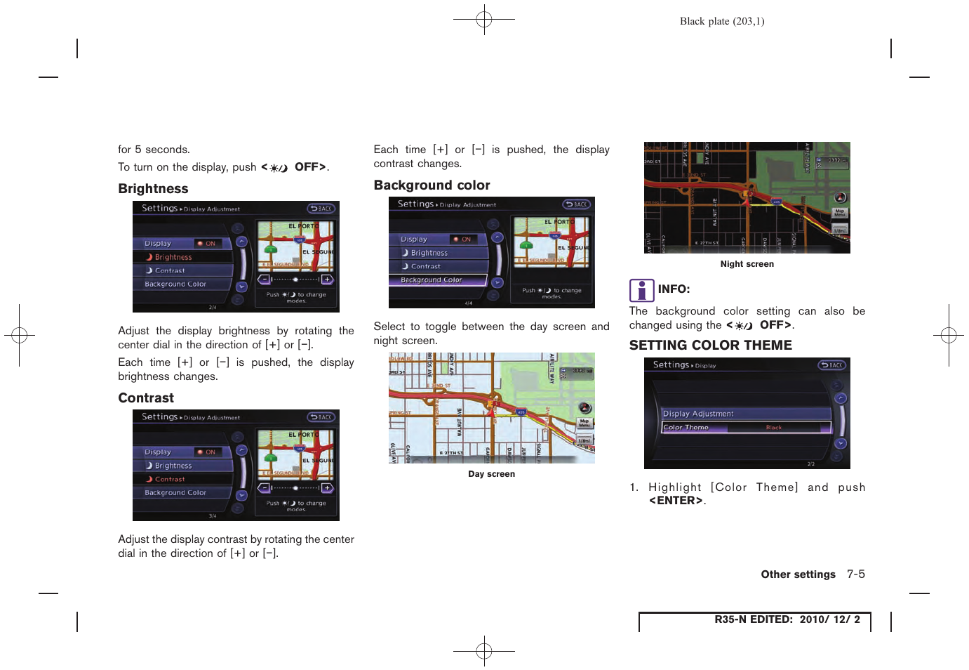 Brightness, Contrast, Background color | Setting color theme, Setting color theme -5 | NISSAN 2012 GT R - Multi Function Display Owner's Manual User Manual | Page 203 / 307