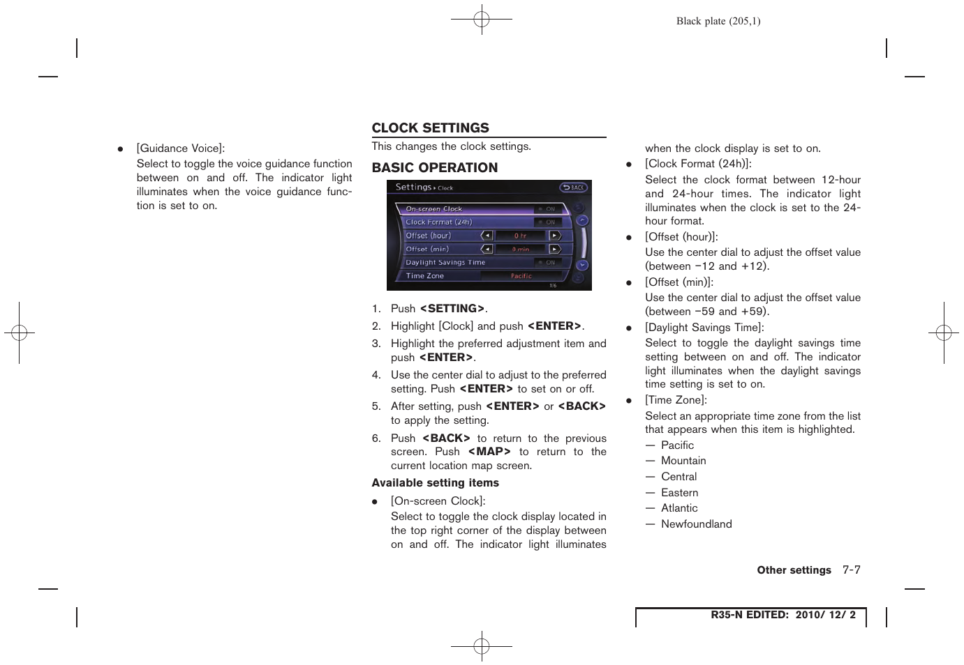 Clock settings, Basic operation, Clock settings -7 | Basic operation -7 | NISSAN 2012 GT R - Multi Function Display Owner's Manual User Manual | Page 205 / 307