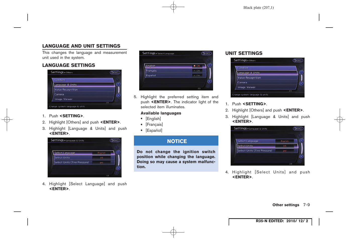 Language and unit settings, Language settings, Unit settings | Language and unit settings -9, Language settings -9 unit settings -9 | NISSAN 2012 GT R - Multi Function Display Owner's Manual User Manual | Page 207 / 307