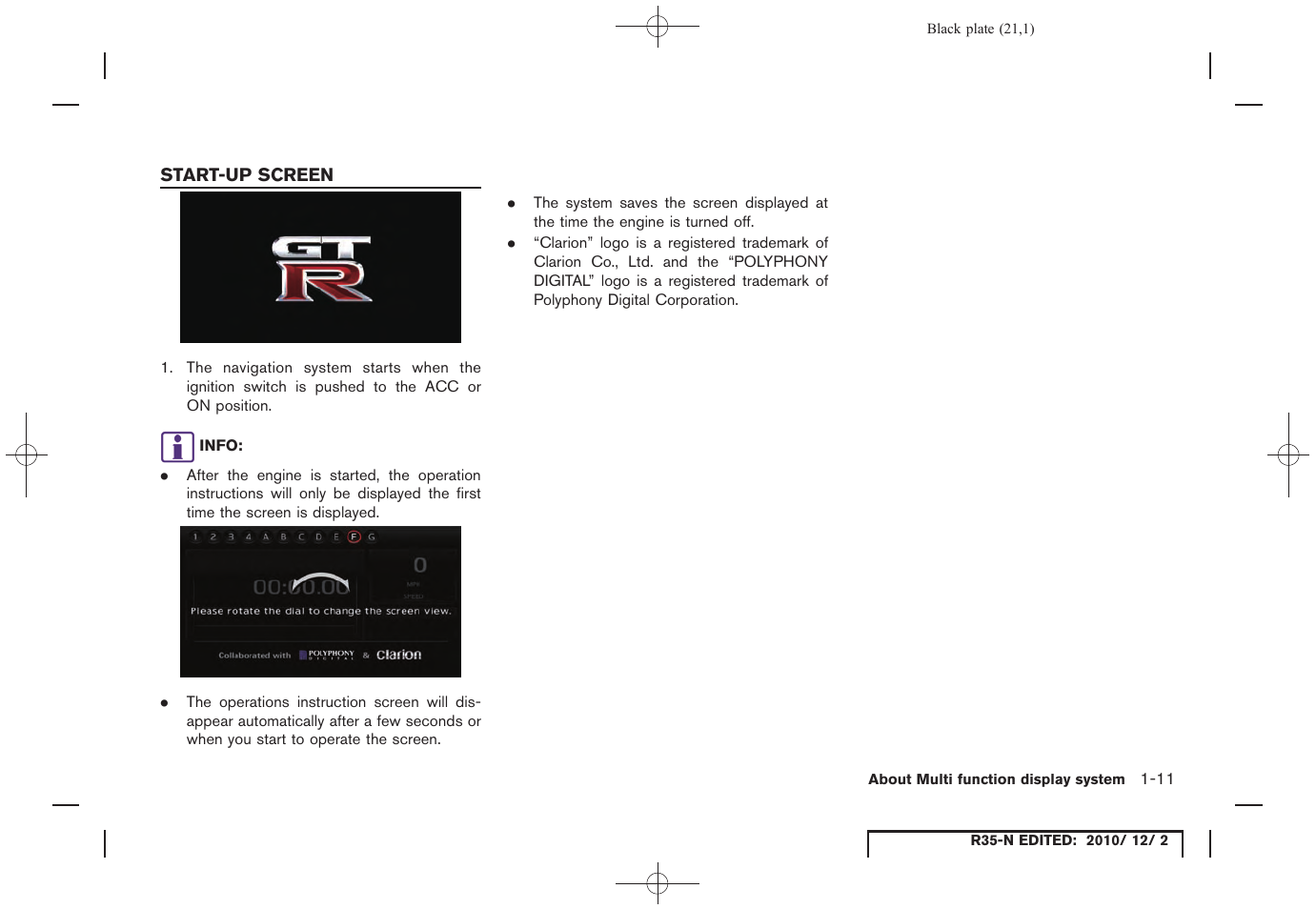 Start-up screen, Start-up screen -11 | NISSAN 2012 GT R - Multi Function Display Owner's Manual User Manual | Page 21 / 307
