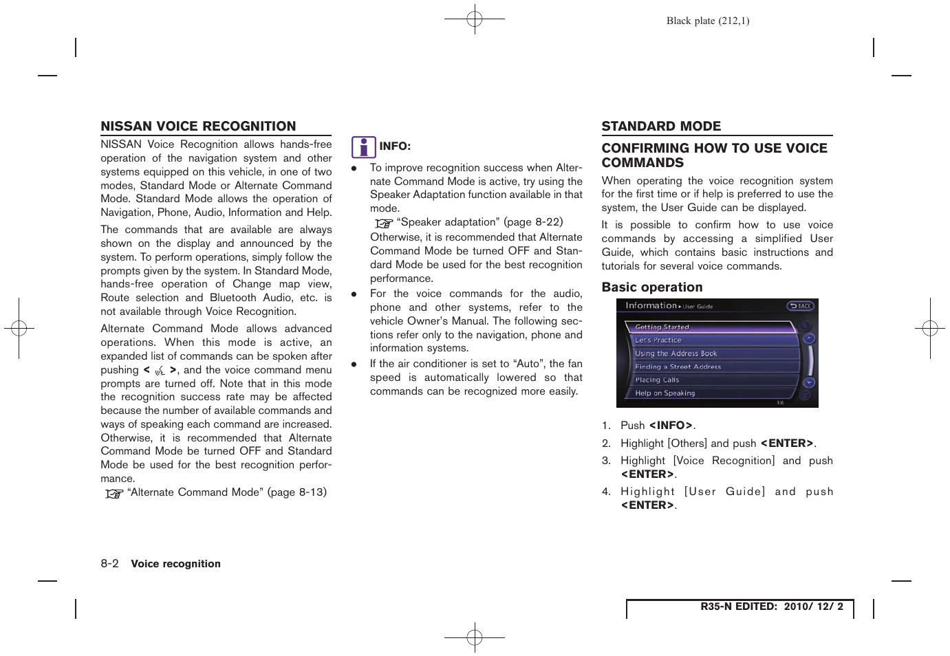 Nissan voice recognition, Standard mode, Confirming how to use voice commands | Basic operation, Nissan voice recognition -2 standard mode -2, Confirming how to use voice commands -2 | NISSAN 2012 GT R - Multi Function Display Owner's Manual User Manual | Page 212 / 307