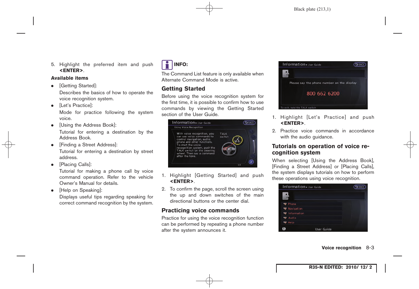 Getting started, Practicing voice commands, Tutorials on operation of voice recognition system | NISSAN 2012 GT R - Multi Function Display Owner's Manual User Manual | Page 213 / 307