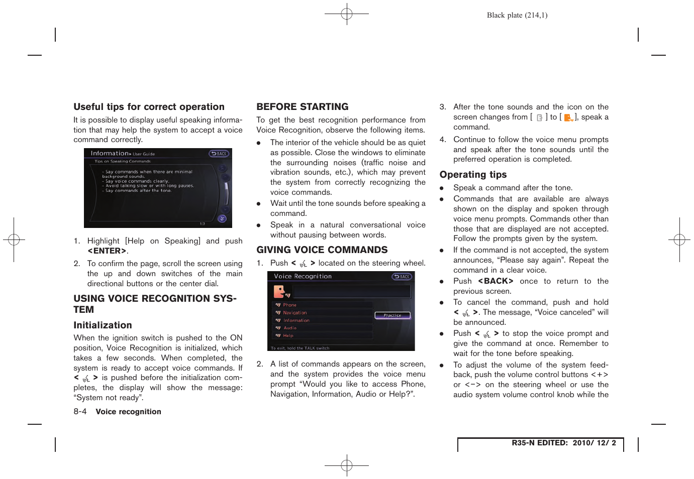 Useful tips for correct operation, Using voice recognition system, Initialization | Before starting, Giving voice commands, Operating tips | NISSAN 2012 GT R - Multi Function Display Owner's Manual User Manual | Page 214 / 307