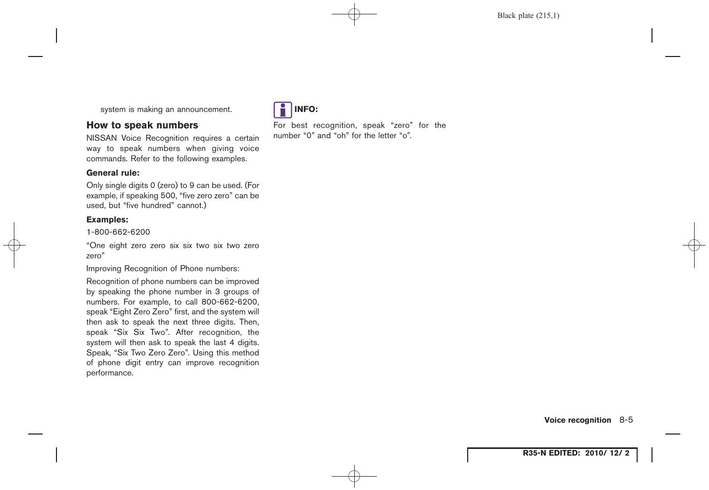 How to speak numbers | NISSAN 2012 GT R - Multi Function Display Owner's Manual User Manual | Page 215 / 307