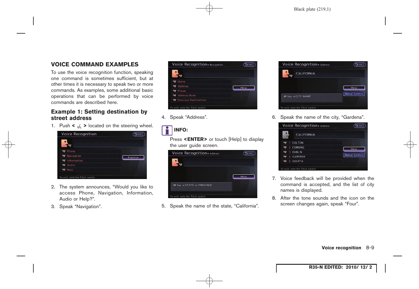Voice command examples, Example 1: setting destination by street address, Voice command examples -9 | NISSAN 2012 GT R - Multi Function Display Owner's Manual User Manual | Page 219 / 307