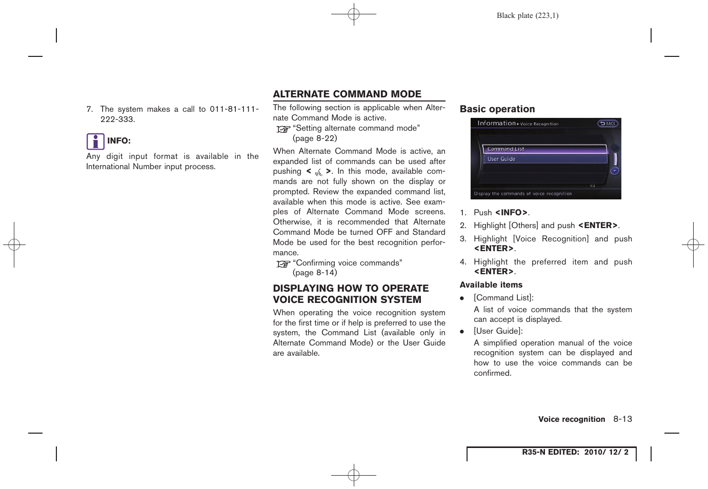 Alternate command mode, Displaying how to operate voice recognition system, Basic operation | Alternate command mode -13 | NISSAN 2012 GT R - Multi Function Display Owner's Manual User Manual | Page 223 / 307