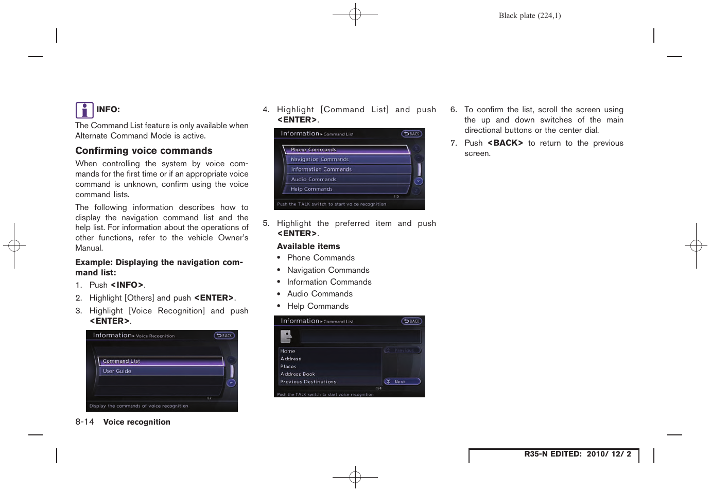 Confirming voice commands | NISSAN 2012 GT R - Multi Function Display Owner's Manual User Manual | Page 224 / 307